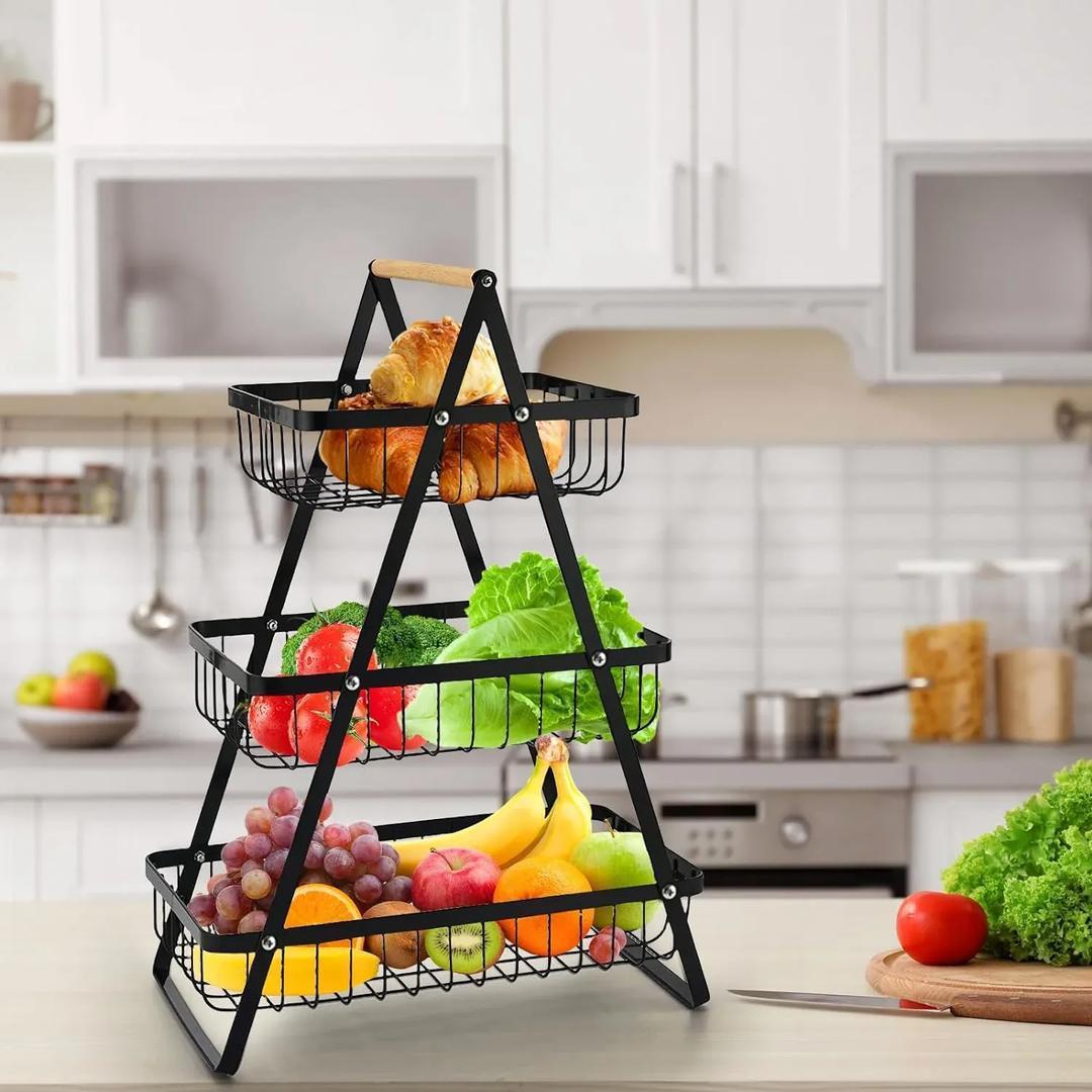 Portable Iron Fruit Basket Black 3- Tier Open Mesh