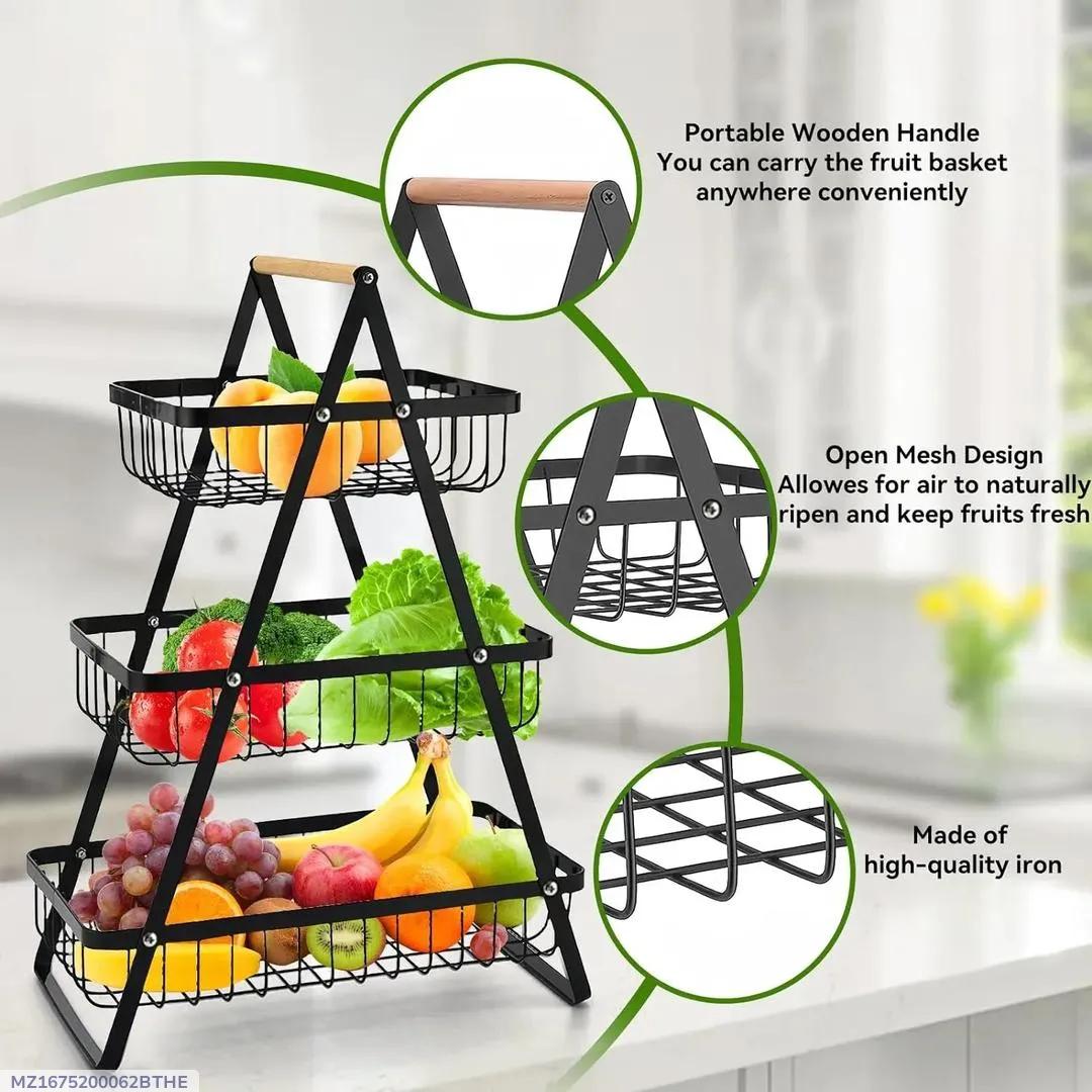 Portable Iron Fruit Basket Black 3- Tier Open Mesh