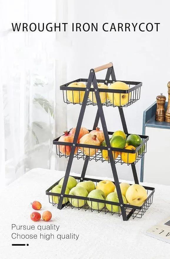 Portable Iron Fruit Basket Black 3- Tier Open Mesh
